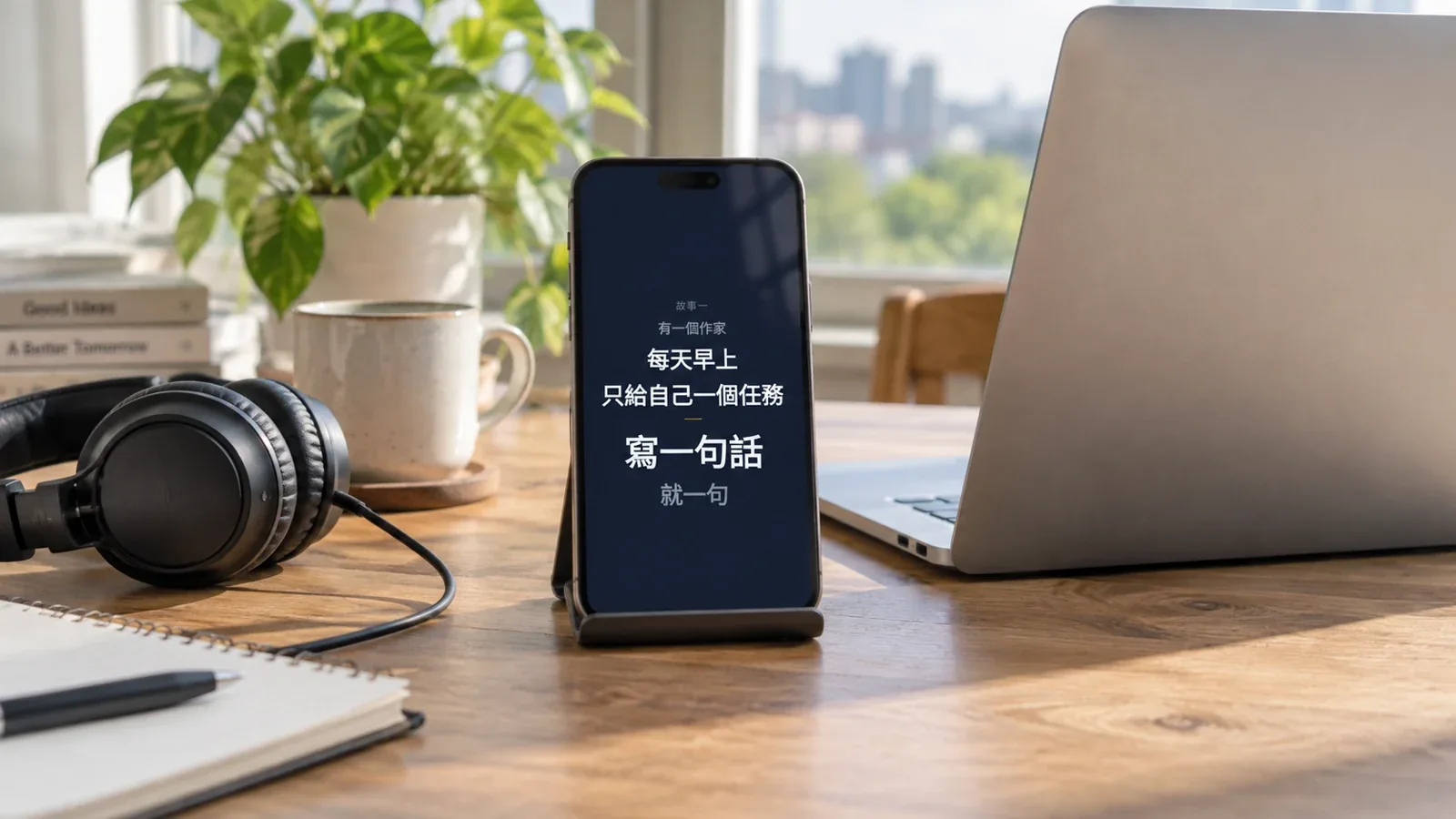 AI 情境合成：手機呈現既有兩分鐘法則影片畫面，旁邊是筆電與耳機，沒有模擬剪輯介面