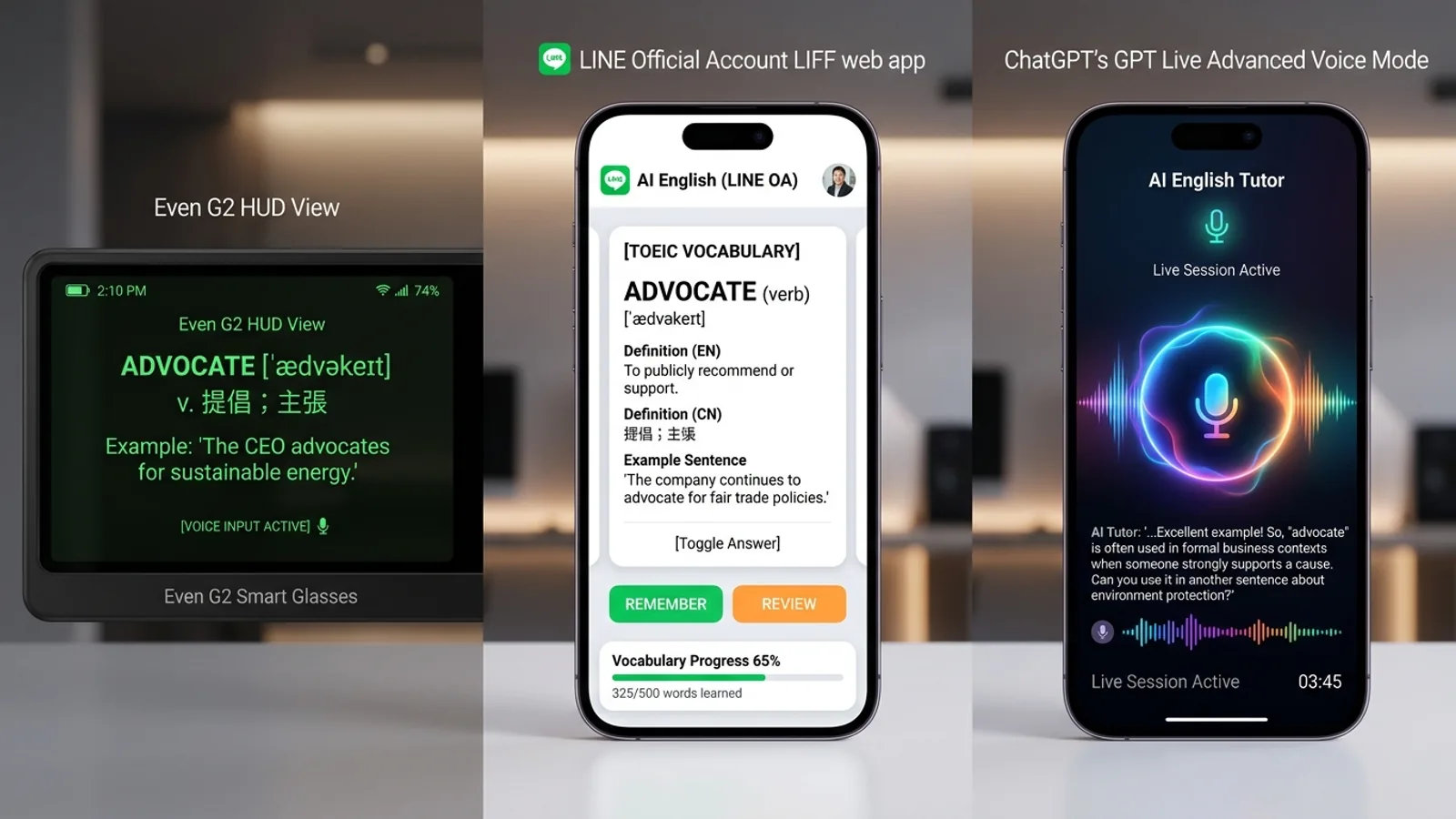 Even G2 抬頭顯示、LINE 官方帳號 LIFF 與 ChatGPT GPT Live 三大自學介面協同示意